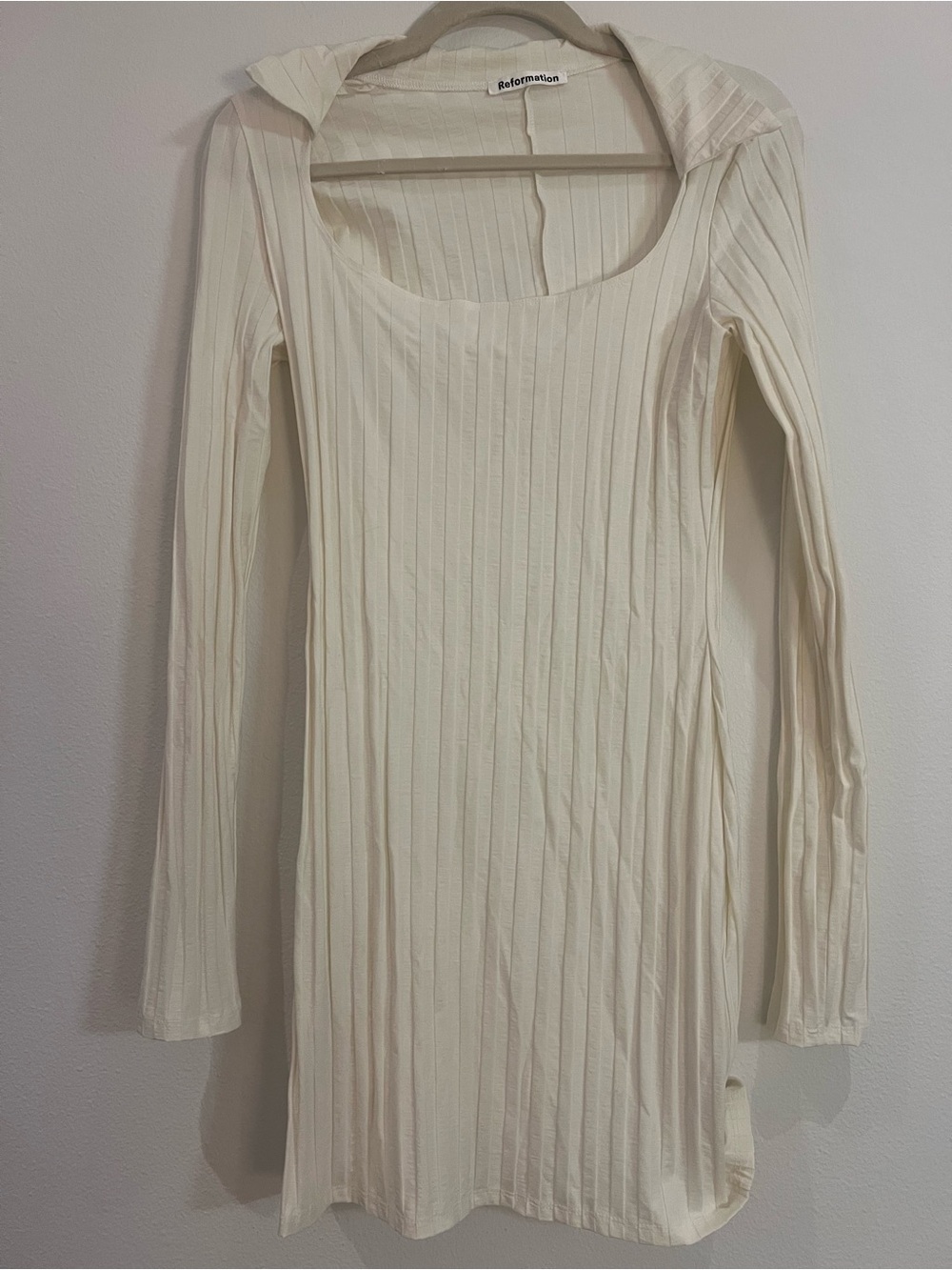 Reformation Ivory Ribbed Long-Sleeve Scoop Dress